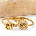 3PCS Real Gold Plated Hollow Life Tree Finger Rings Waterproof Stainless Steel Tail Ring for Women Jewelry