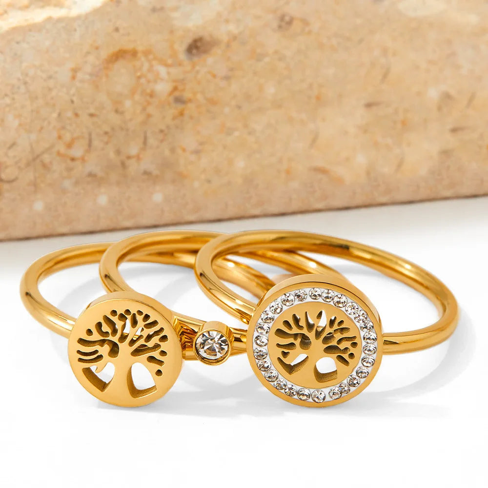 3PCS Real Gold Plated Hollow Life Tree Finger Rings Waterproof Stainless Steel Tail Ring for Women Jewelry
