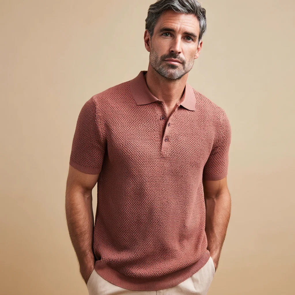 2025 Men's Solid Pattern Honeycomb Knit Breathable Short Sleeve for Shirt Organic Cotton Casual Wear with Yarn Dyed Technics