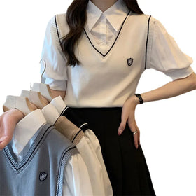 RNSHANGER Fashion Women Patchwork V-neck Breathable Knit Sweater Vest Autumn Casual Pullover Polyester for Women