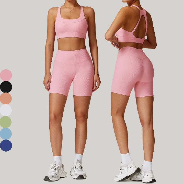 Wholesale Womens High Waist Ribbed Breathable Running Training Workout Gym Fitness 2 Piece Yoga Sets