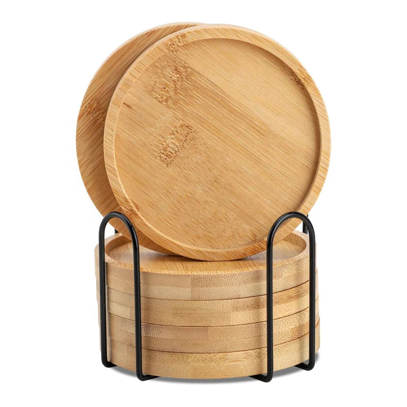 Set of 6 Bamboo Round Coasters with Holder Eco-Friendly Drink Bar Cups for Tea/Coffee/Drinks 100pcs MOQ Custom Logo
