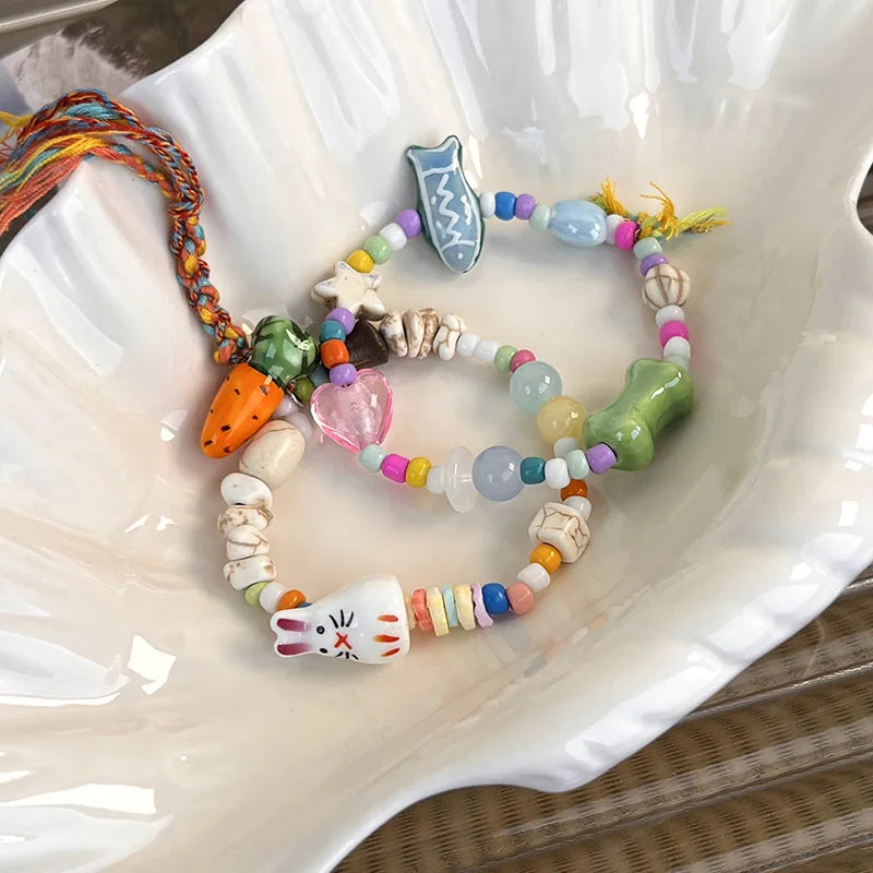 Cute Cartoon Rabbit Carrot Colored Rope Bracelets Hand Ornaments Girl Fish Bone Charms Ceramics Beaded Bangle for Gift Jewelry