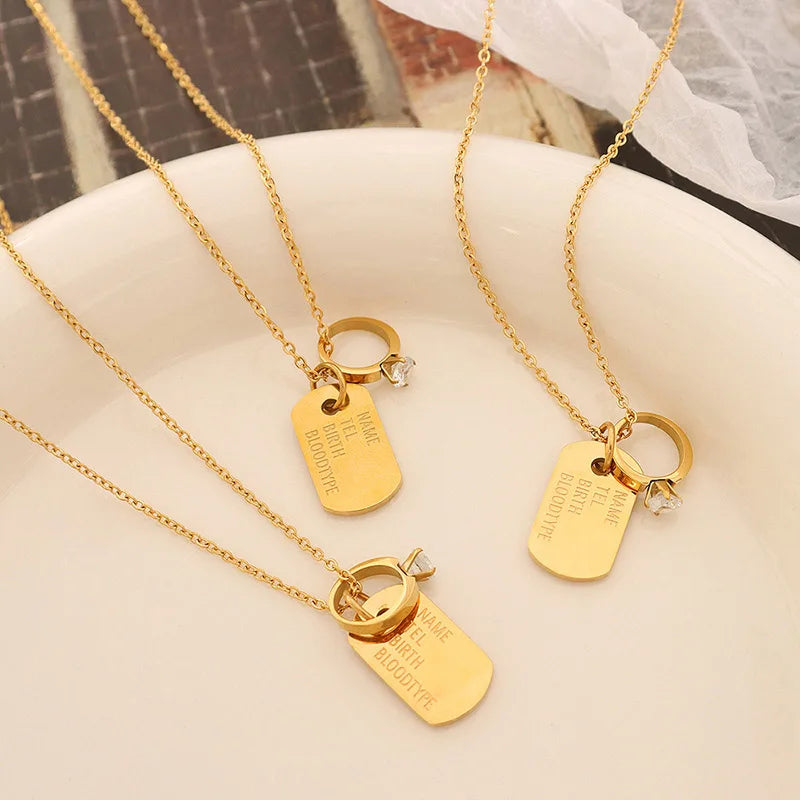 18k Gold Plated Stainless Steel Jewelry Cubic Zirconia Circle Rings Letter Square Pendant Necklace
