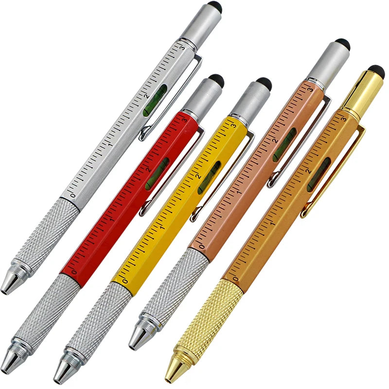 6-in-1 Multifunction Cross Ruler Metal Level Ballpoint Pen Integrated Engineering Scale and Screwdriver Versatile Tool
