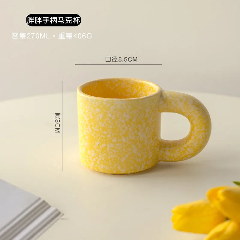 270ml-300ml Blue Yellow Pink Bone China Ceramic Mug with Fat Handle Microwave & Dishwasher Safe for Business Gifts