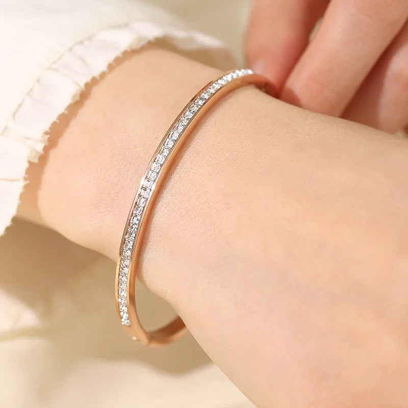 Fashion Design Jewelry Square Cubic Zircon Thin Bangle 18K Gold Plated Stainless Steel Cuff Bangle Bracelets for Women Girl