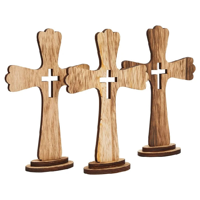 Rustic Tabletop Wall Art Set 3 Catholic Wooden Crosses Home Church Baptism Decor Reusable Handmade Wood Crafts Wall Signs