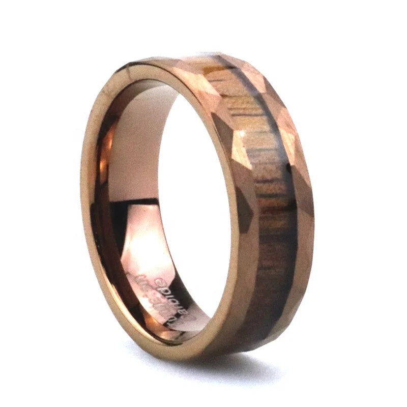 Poya 8mm Hammered Edge Koa Wood Inlaid Coffee Bronze Tungsten Ring for Couple Men