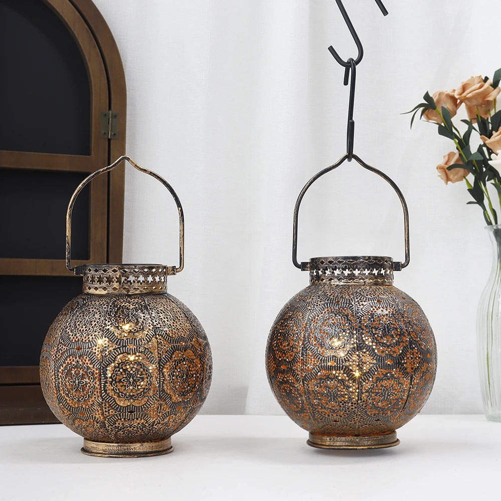 Set of Two Vintage Black Battery Lantern Garden Metal Round Lamp for Holiday Decoration (2pcs)