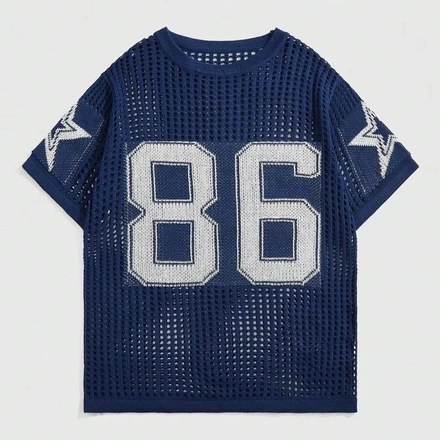 Custom Design Logo Short Sleeve Fashion Casual  Cotton Hollow Out Knitwear Mesh Crochet Shirt Jerseys Men Knitted Top T-shirt