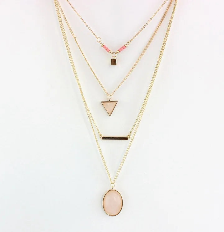 AJ052 Natural Rose Quartz Stone Fine Jewelry Necklace Set Gold Layered Necklace