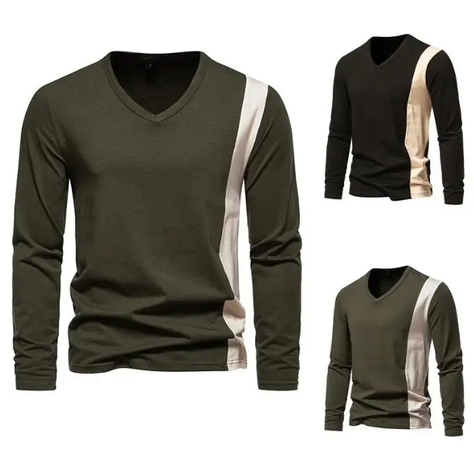 Autumn and Winter New Men's T-shirt European Size Casual Color Blocked V-neck Men's Long Sleeved T-shirt