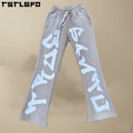 Vintage Streetwear Heavyweight Cotton Embroidery Applique Patches Baggy Stacked Sweats Raw Edge Acid Wash Flared Sweat Pants Men