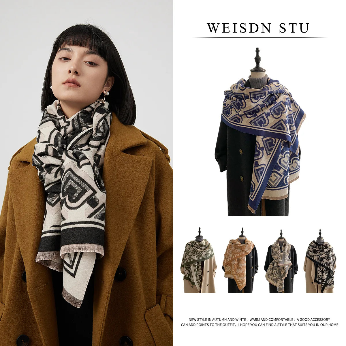 High-End 2-in-1 Stylish Print Polyester Scarf Shawl Autumn Winter Warm Faux Cashmere Windproof and Office Outfit Matching
