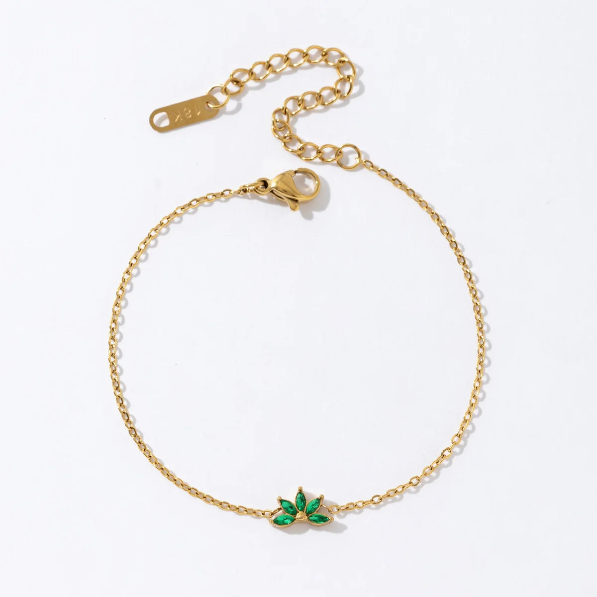 Trendy Fashion Stainless Steel 18K Pvd Gold Chain Gemstone Green Zirconia Lotus Flower Bracelet
