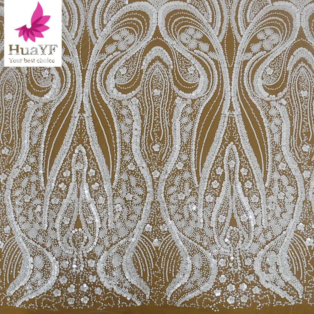 HY2244 Hot Sale High Quality White 3d Beaded Sequins Lace for Wedding Bridal Dress Fabric Wholesale
