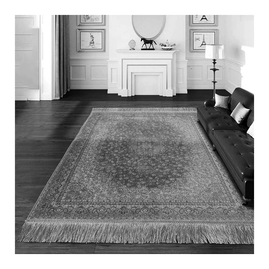 Vintage Faux Wool Fur Printed Living Room Rug with Tassels Washable Carpet for Home Decor