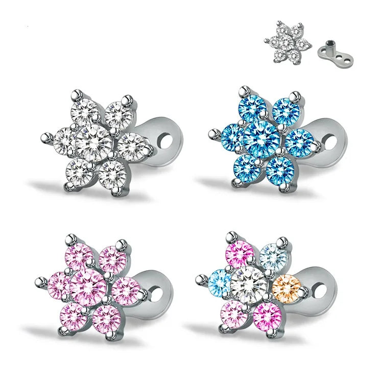 Gaby New 316L Stainless Steel Dermal Anchor Internal Thread Flower with Crystal Diamond Dermal Anchor Body Piercing Jewelry