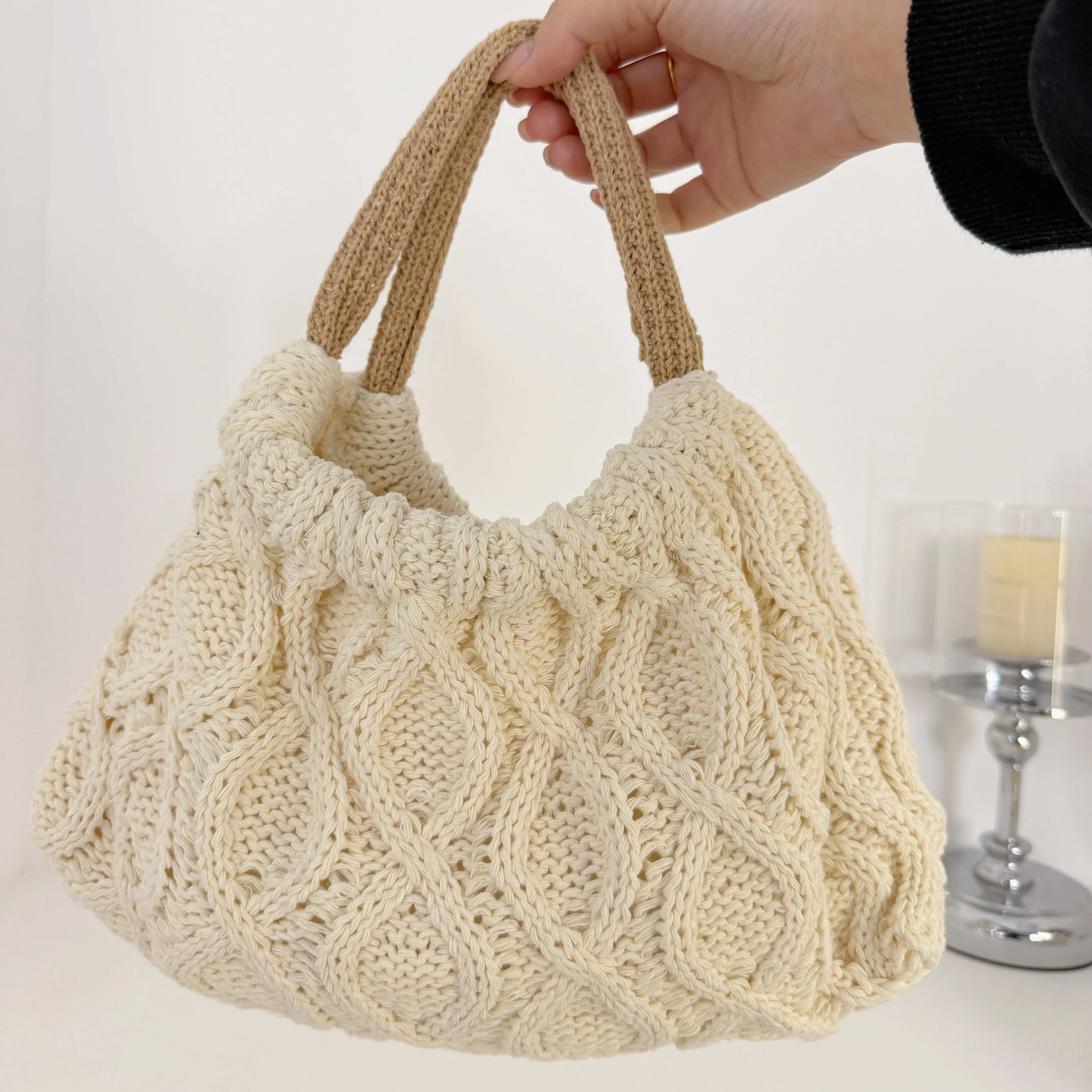 Japanese Style Minimalist Women's Tote Bag Popular Knitted Crochet Clutch with Lipstick Wallet Soft Durable Lightweight Foldable