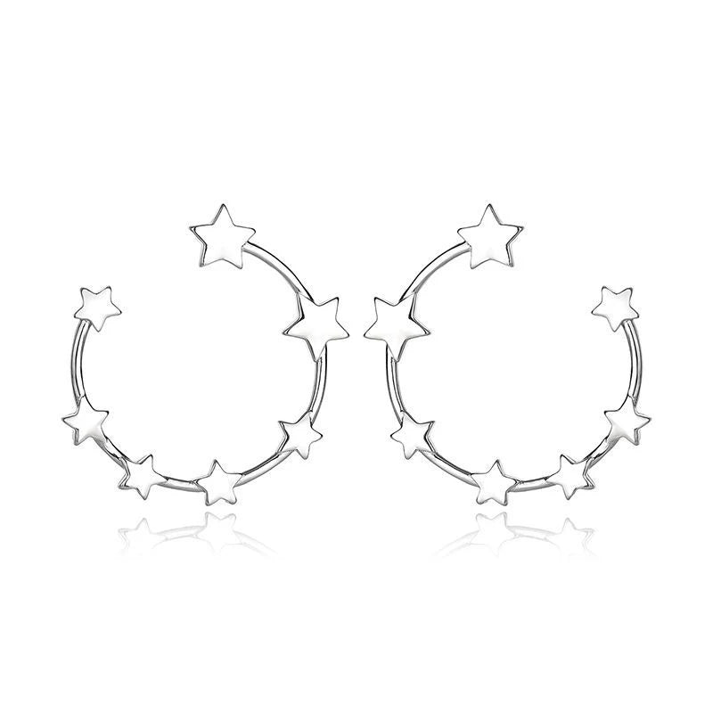 925 Sterling Silver Simple Round Circle Star Stud Earrings Spaced Pentagram Women's Trendy Zircon Jewelry Wedding Party Gift