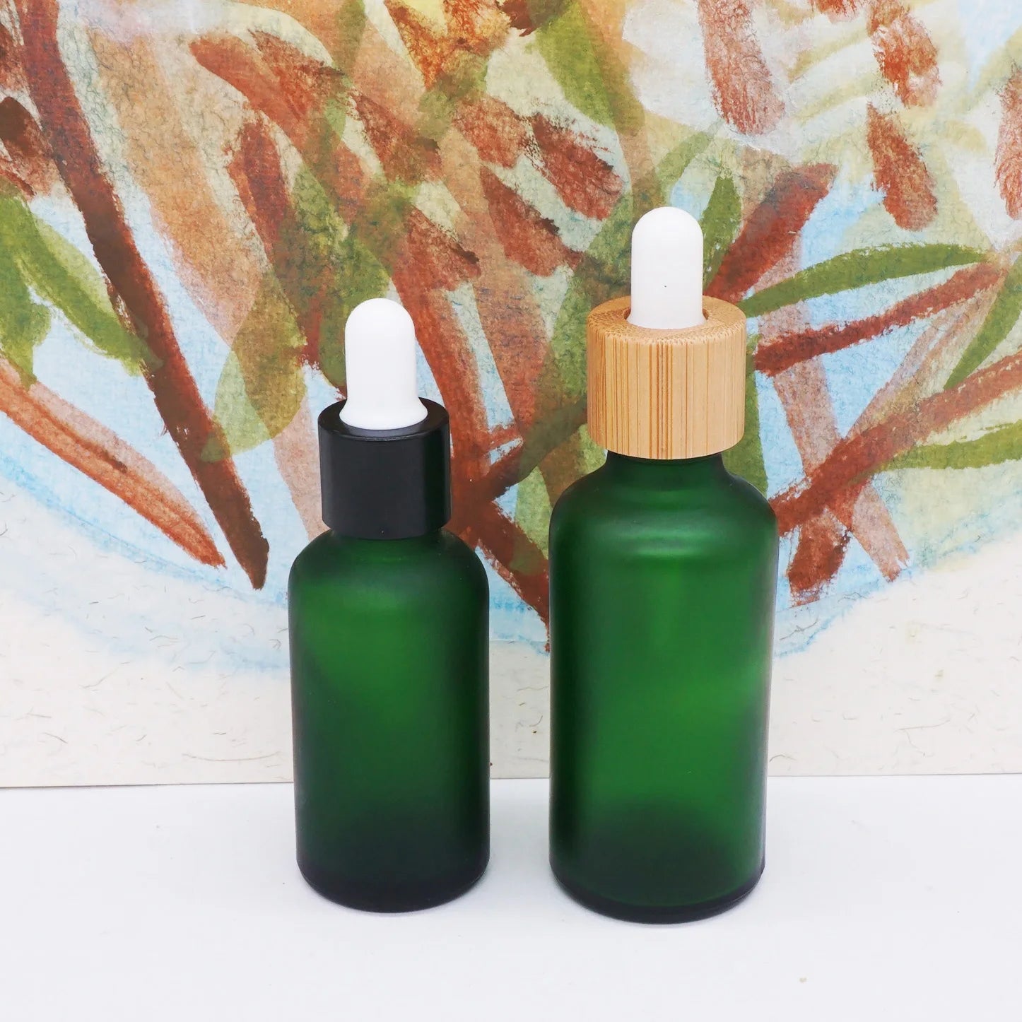 Hot Stamping Frosted Green Glass Dropper Bottle 50ml with Bamboo Dropper Lid