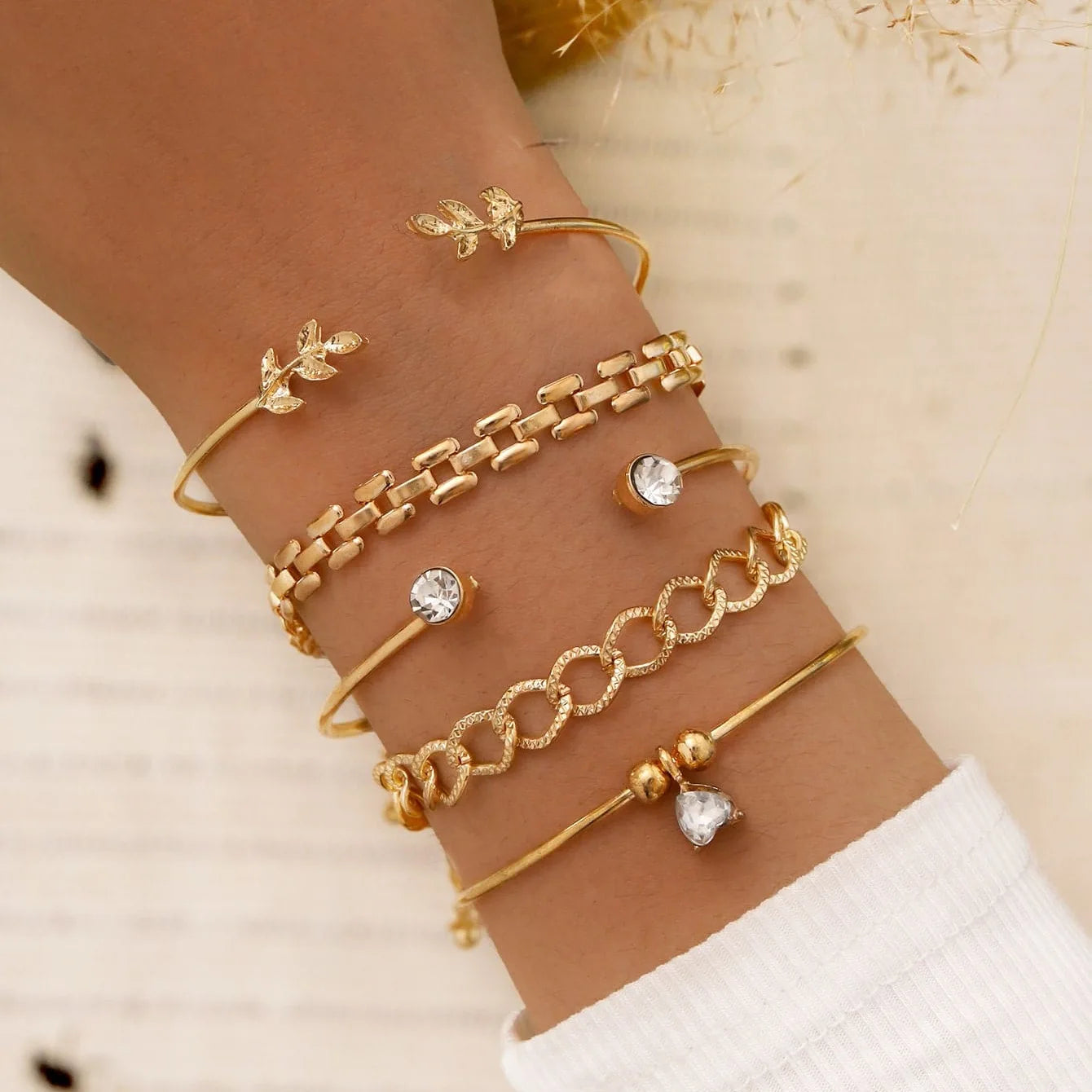 Women Jewelry Bracelets Sets Fashion Charm Geometric Leaf Beaded Love Diamond Opening Bracelet Bangle Wholesale