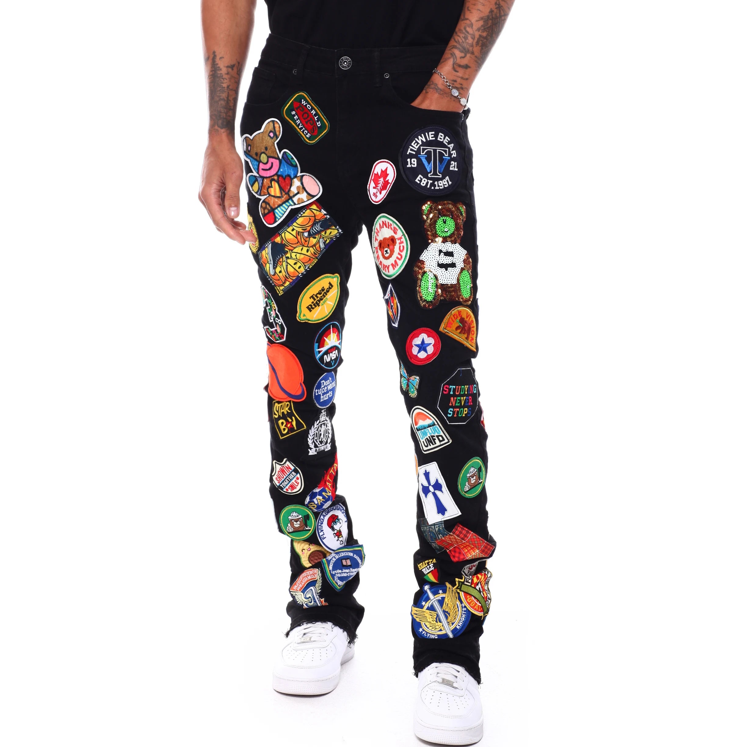 2023 New Arrival AeeDenim Custom Men's Full Patch Stretch Black Wash Straight Fit Denim Jeans Men Long Pants