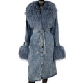 Women's Long-Style Trench Coats with Mongolian Lamb Fur Collar and Sleeves Spring Autumn Fashion Denim Jackets