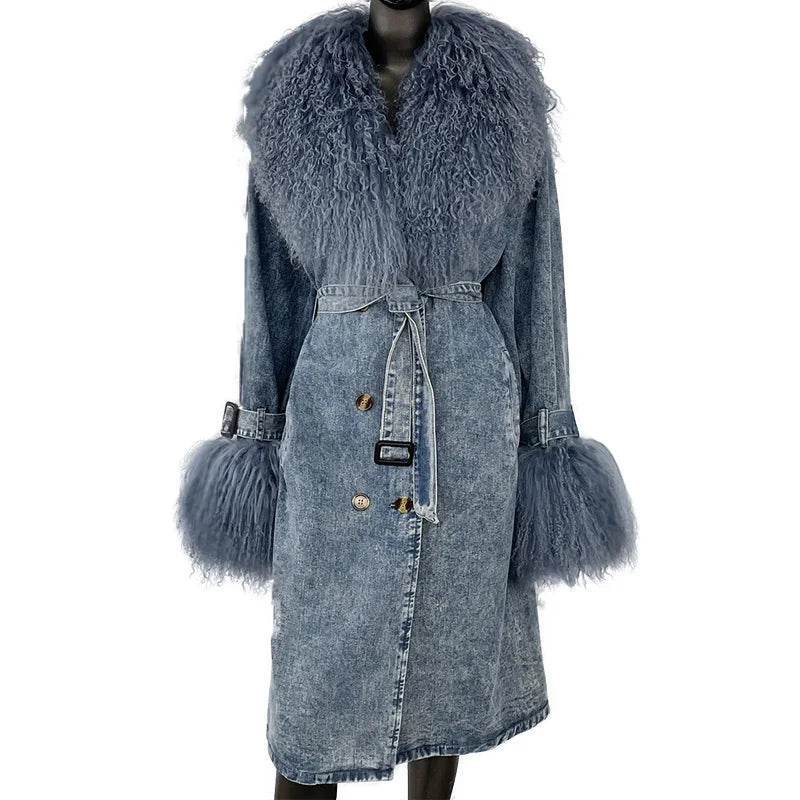 Women's Long-Style Trench Coats with Mongolian Lamb Fur Collar and Sleeves Spring Autumn Fashion Denim Jackets
