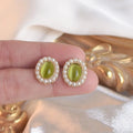 Women S925 Sterling Silver Needle Earring Exquisite Oval Green Opal Translucent Gemstone Earrings Inlaid Pearls Ear Stud