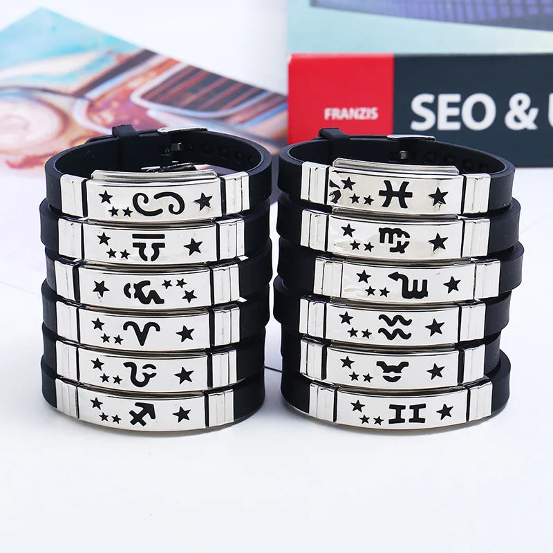Wholesale Custom logo Acceptable Stock Stainless Steel Zodiac Sign Constellations Silicone Bracelet
