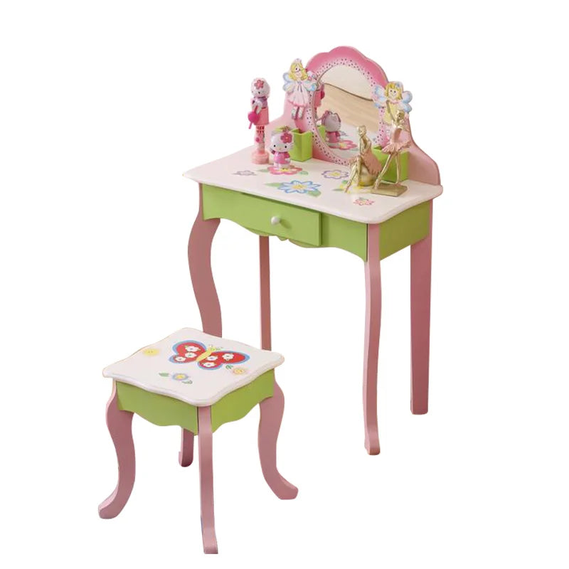 Kids Wooden Dresser Dressing Table with Mirror and Stool Kids Furniture Mirrored Dressing Table Vanity Makeup Table Set MegaBDM