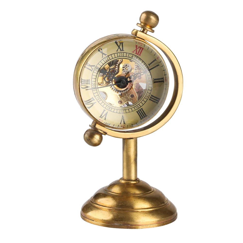 Antique Brass Finished Spinning Globe Skeleton Watch for Desk Decoration Mechanical Table/Desktop Accessory for Luxury Gift