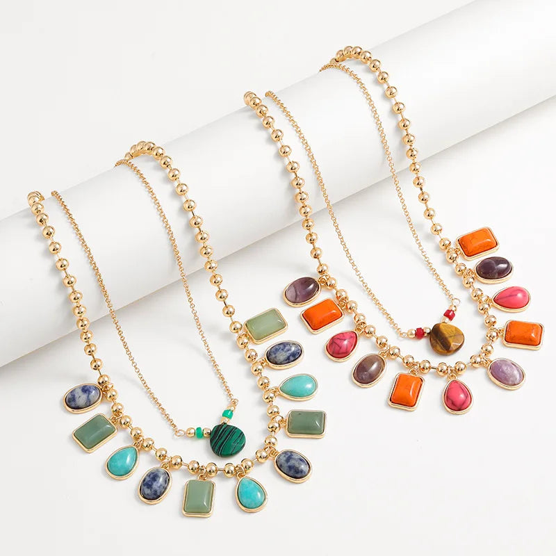 2024 New Spring Summer Clavicle Chain Double Layer Turquoise Stone Necklaces Fashion Gold Plated Malachite Necklace for Women