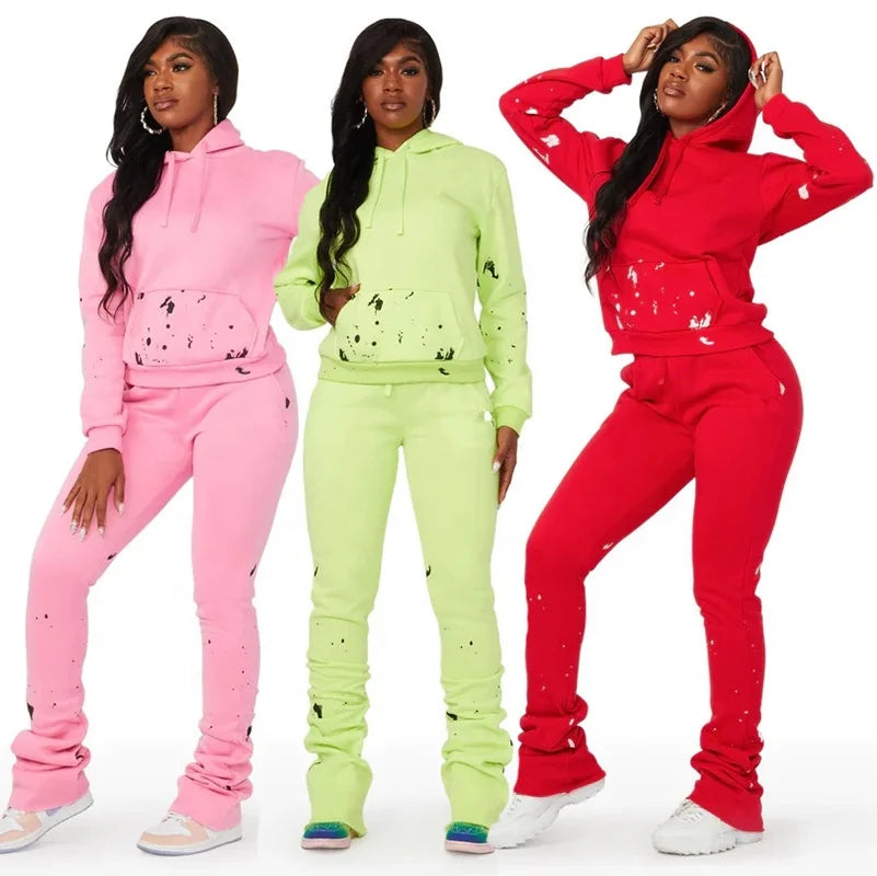 KY Woman's Plus Size Two-Piece Sets Breathable White Dots Print Stacked Flared Tracksuit with Hooded Collar for Autumn