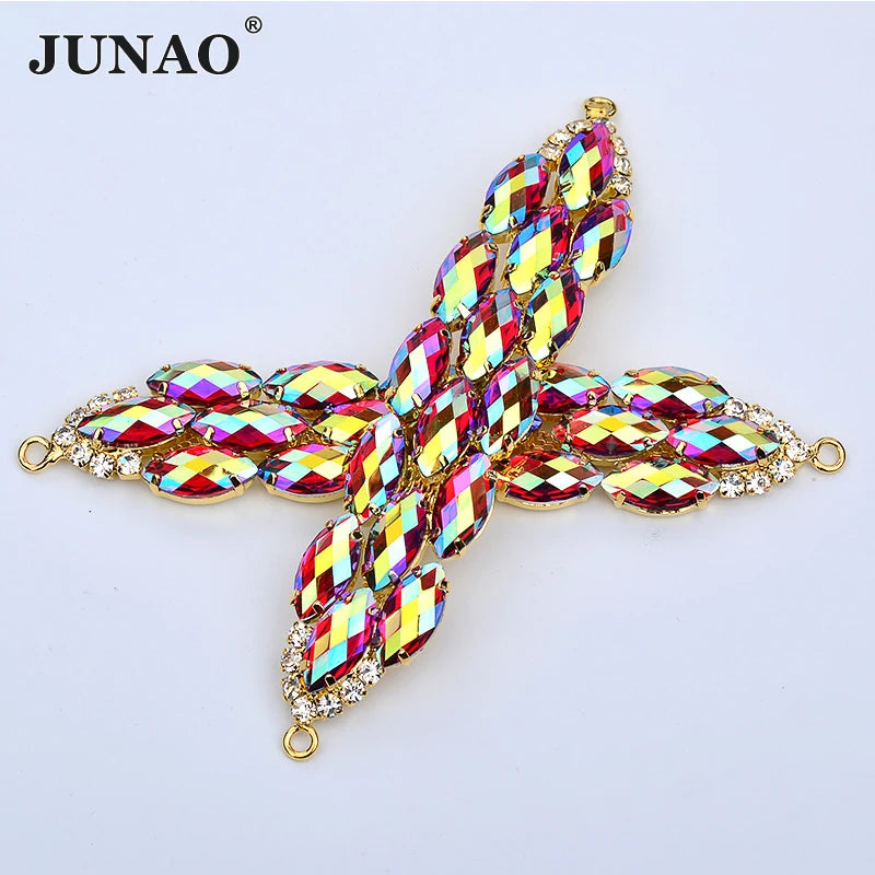 JUNAO 20*100mm Claw Glass Rhinestones Clothing Decoration Flatback Sewing Strass Chain Gemstones With Gold Setting