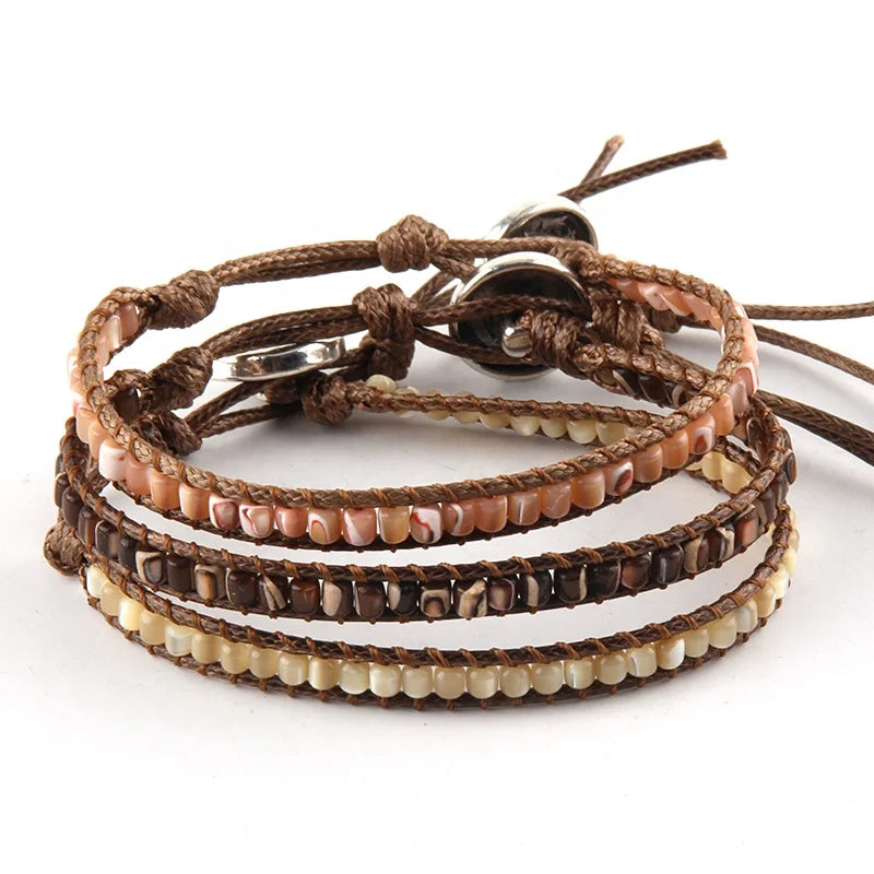 Fashion Women Handmade Beads Jewelry Beautiful Boho Bracelets Korea Wax Cord Lady Men Beige Shell Single Wrap Bracelet