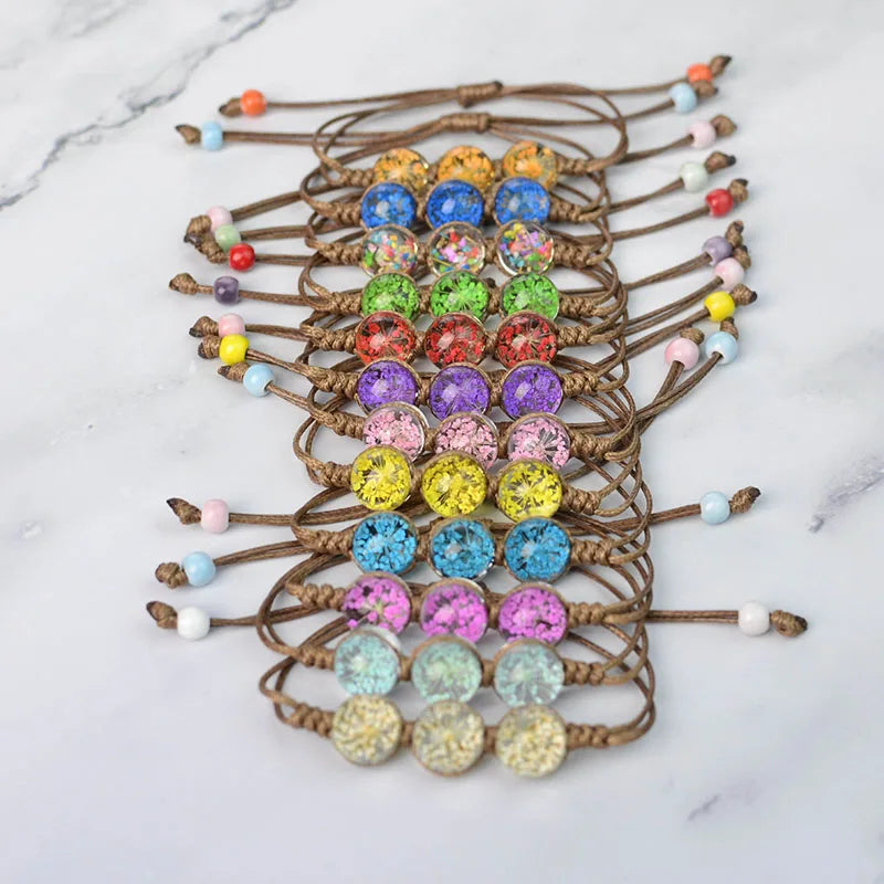 Cheap Factory Price Round Ball Glass Wax Cord Dried Flower Handwoven Bracelet