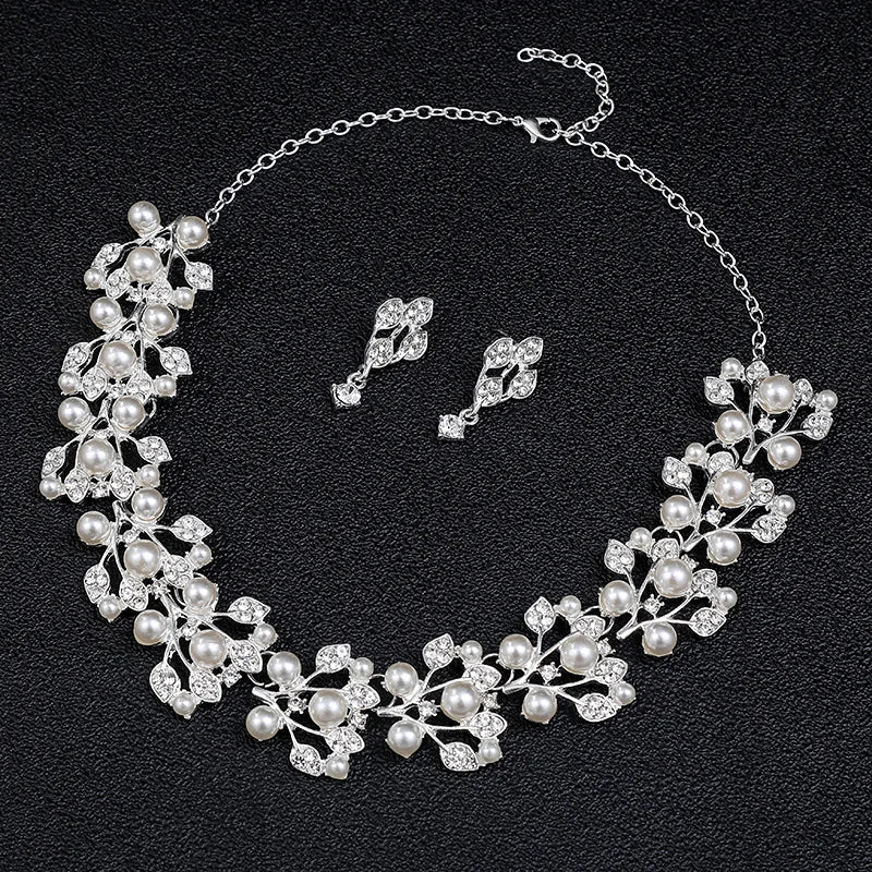 Hot Selling Rhinestone Leaf Flower Wedding Jewelry Set Necklace Earrings Pearl Jewelry Set for Women