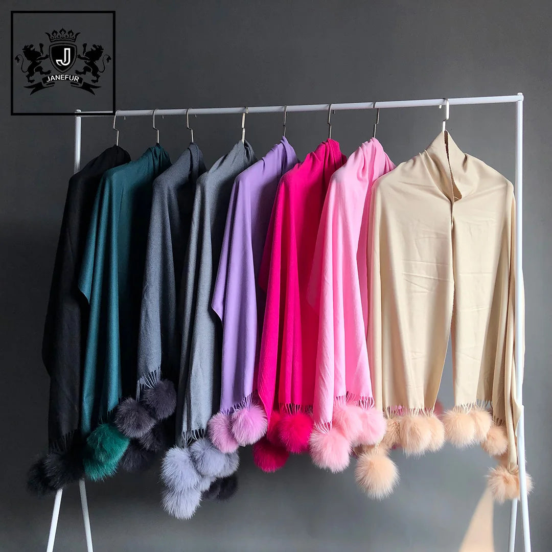 Janefur Wholesale Women Soft fox Fur Balls Elegant Woolen Shawl Scarf Winter Spring Autumn Fur Poncho