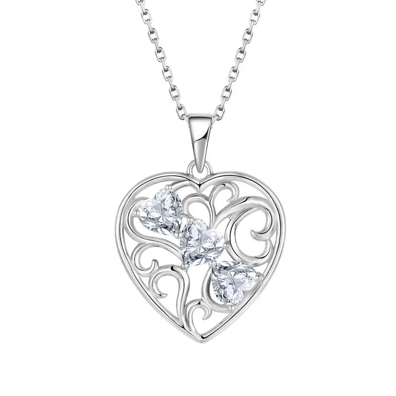 925 Silver Family Three Stone Tree Necklace With Zircone Love Heart Pendants for Necklaces Jewelry