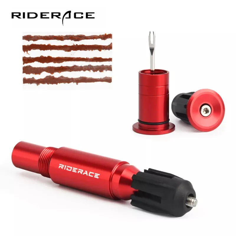 RIDERACE Bicycle Tubeless Tyre Repair Kit for Road Bike Tire Puncture Sealant Rubber Stripe Drill Tool MTB Handle End Hidden