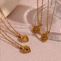 Vintage Necklace 18K Gold Plated Concentric Flower Heart Zircon Pendant Necklace Tarnish Free Stainless Steel Heart Necklace