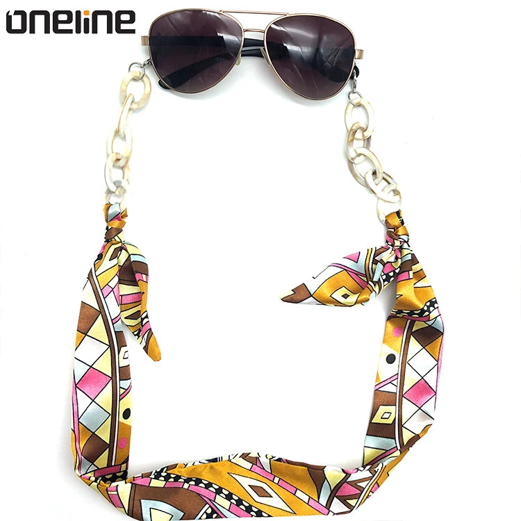 Fashion Retro Printing Ribbon Silk Scarf Glasses Rope Chic Spliced Acrylic Hanging Neck Sunglasses Chain