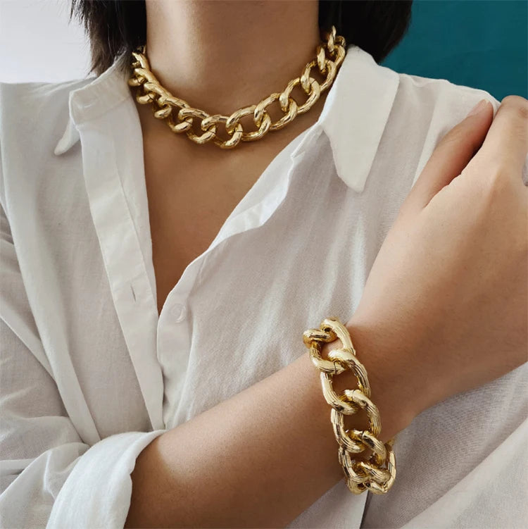 Fashion High Quality Silver Chunky Chain Necklace Jewelry Set Lock Choker Bracelet for Women