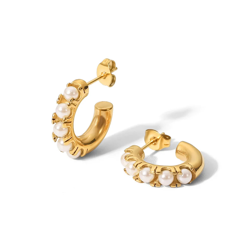 Chunky Five Pearls Inlaid Stainless Steel Stud Earrings Waterproof 18K PVD Gold Plated Earrings