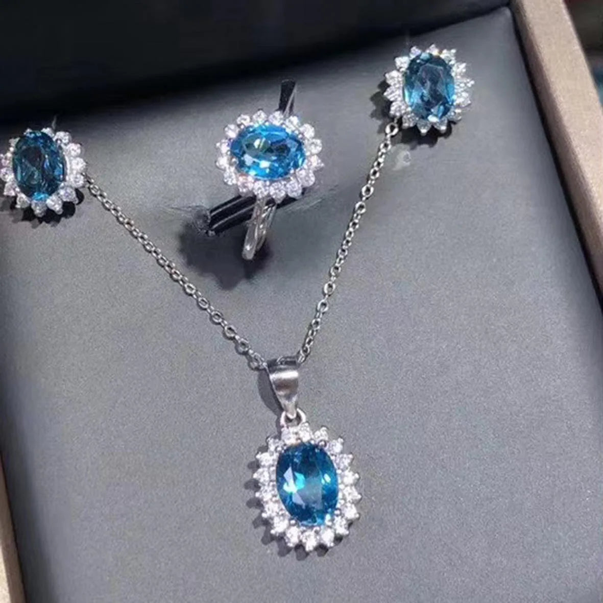 Pure 925 Sterling Silver Rhodium Plated Natural Blue Topaz Jewelry Set for Wedding Party Occasions
