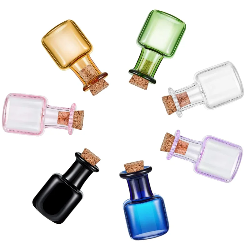 Mini Colorful Glass Bottles 2ml Rectangle Cute Design with Cork Stopper Screen Printed Carton Packed for Wedding Decoration
