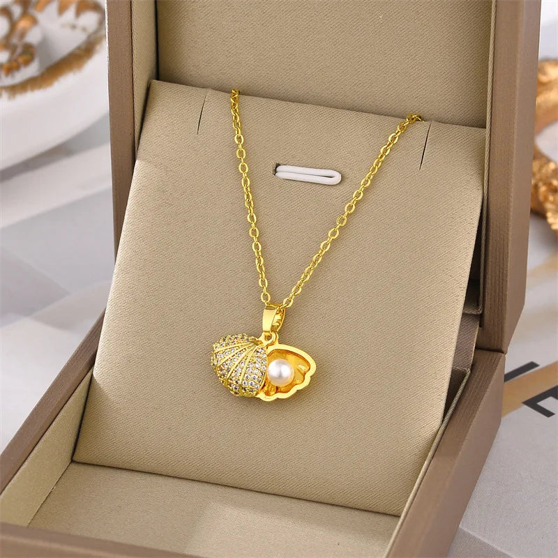 Collar De Concha Bohemian Conch Shell Necklace Waterproof Pearl Stainless Steel Necklace for Women Girls